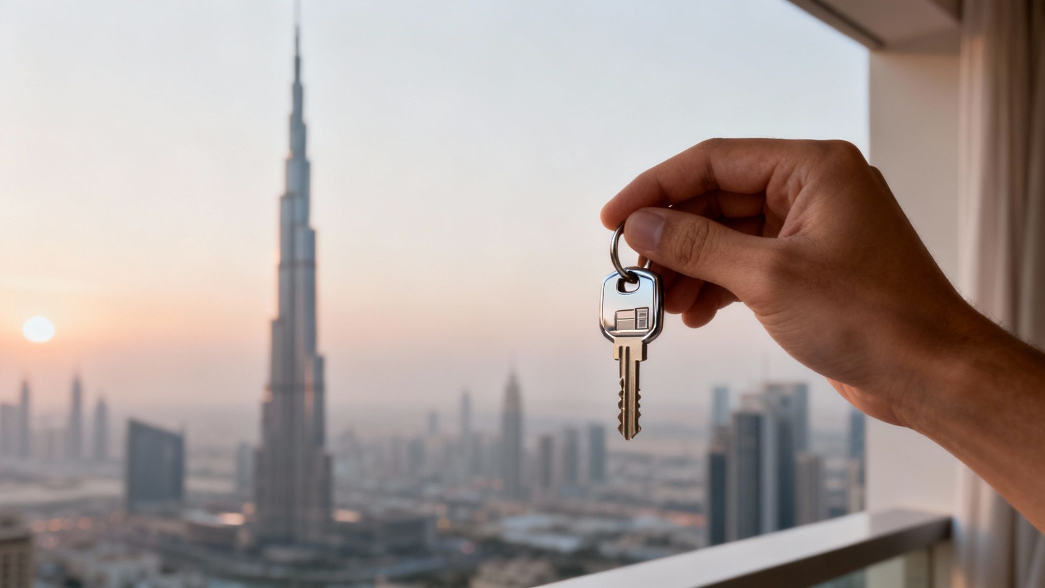 Hand holding a house key with Burj Khalifa and Dubai skyline at sunset, symbolizing new property.