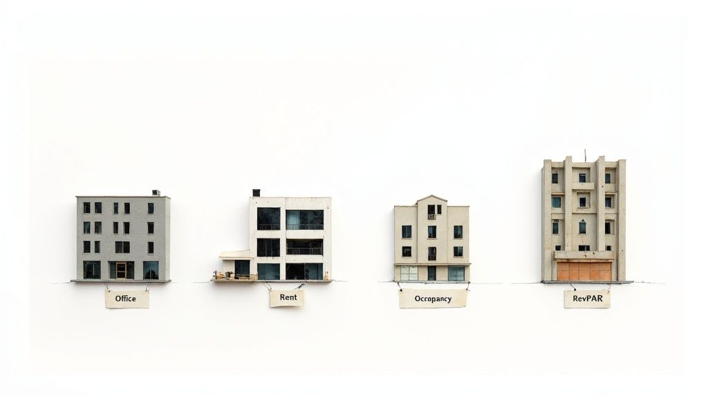 Four miniature building models representing different real estate investment types: office, rent, occupancy, and RevPAR properties