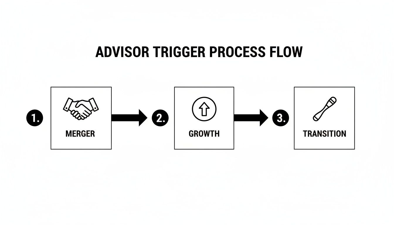 A flow diagram illustrating the 'Advisor Trigger Process Flow' with steps: Merger, Growth, and Transition.