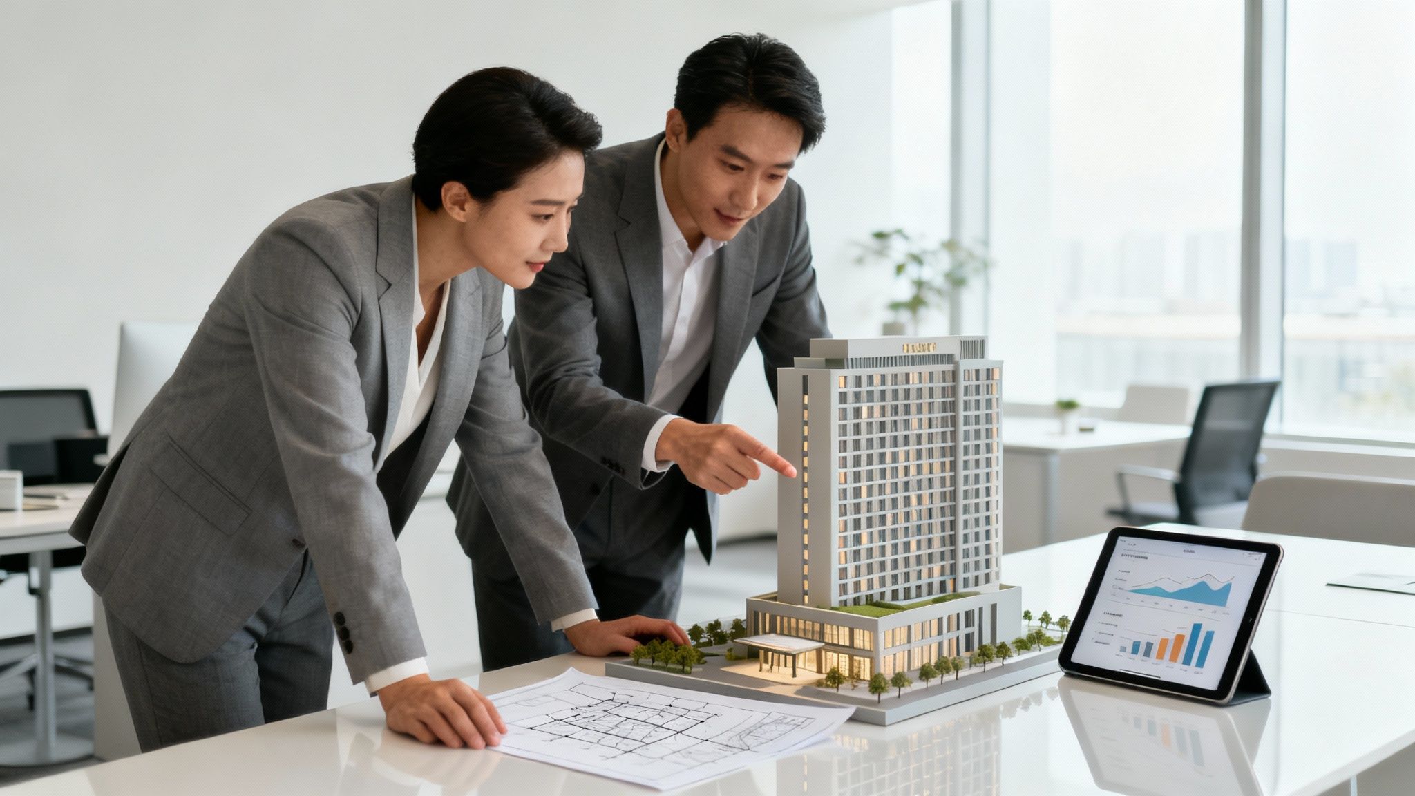 Two business professionals discussing a building model and blueprints in a bright office, with a tablet showing data.