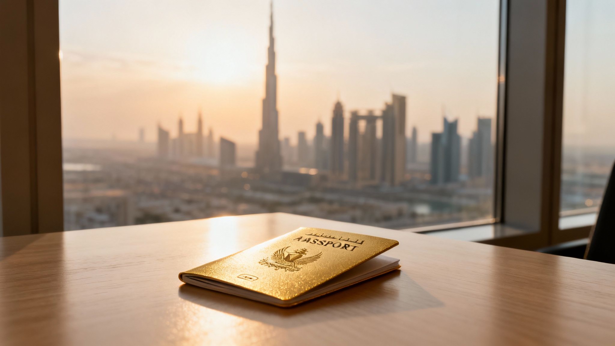 Close-up of a shimmering golden passport on a wooden desk, overlooking Dubai&#39;s blurred skyline at sunset.
