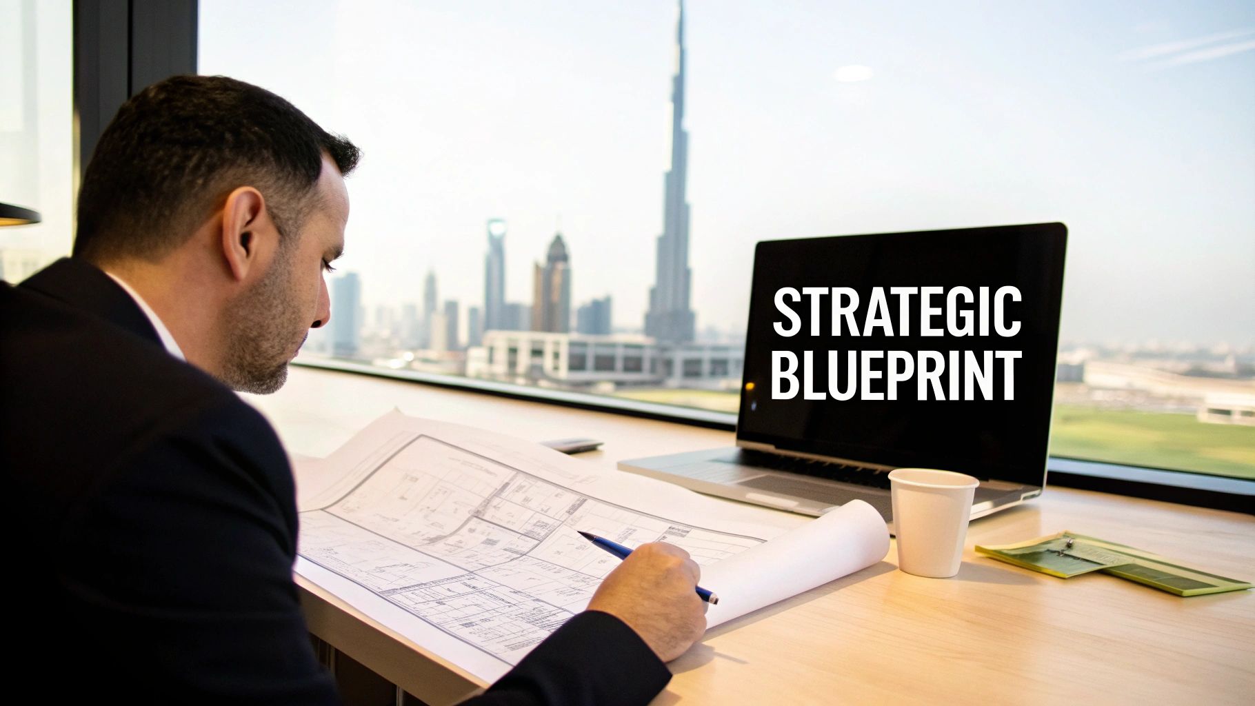 Skyline of Dubai with modern skyscrapers and clear sky