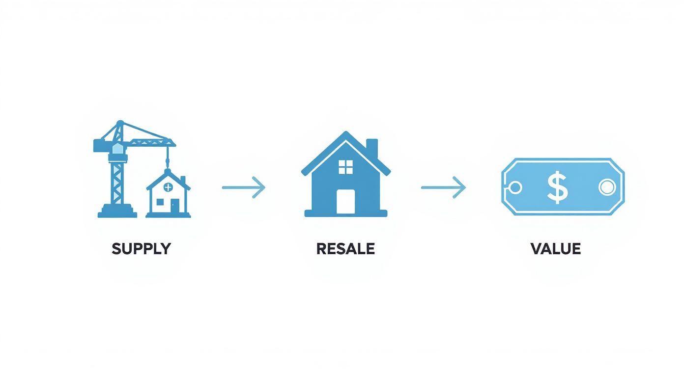 Infographic showing the real estate process from construction supply to resale and its resulting value.