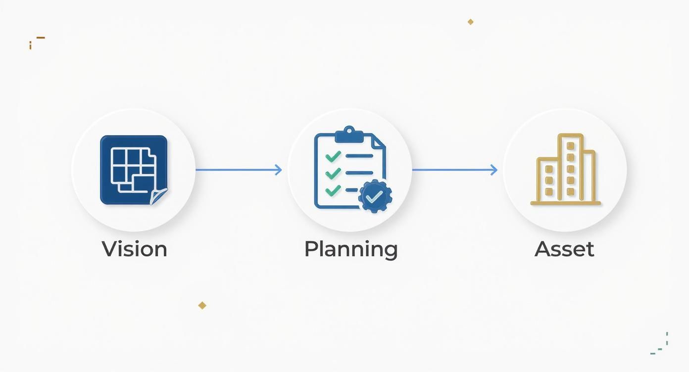 Three-stage project workflow diagram showing vision, planning, and asset creation with distinct icons.