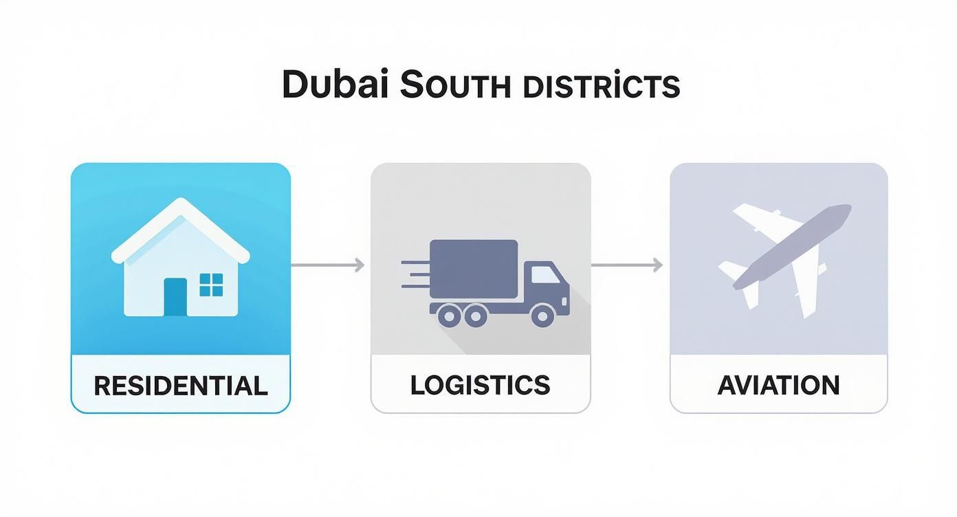 Diagram illustrating Dubai South districts, including residential, logistics, and aviation sectors.