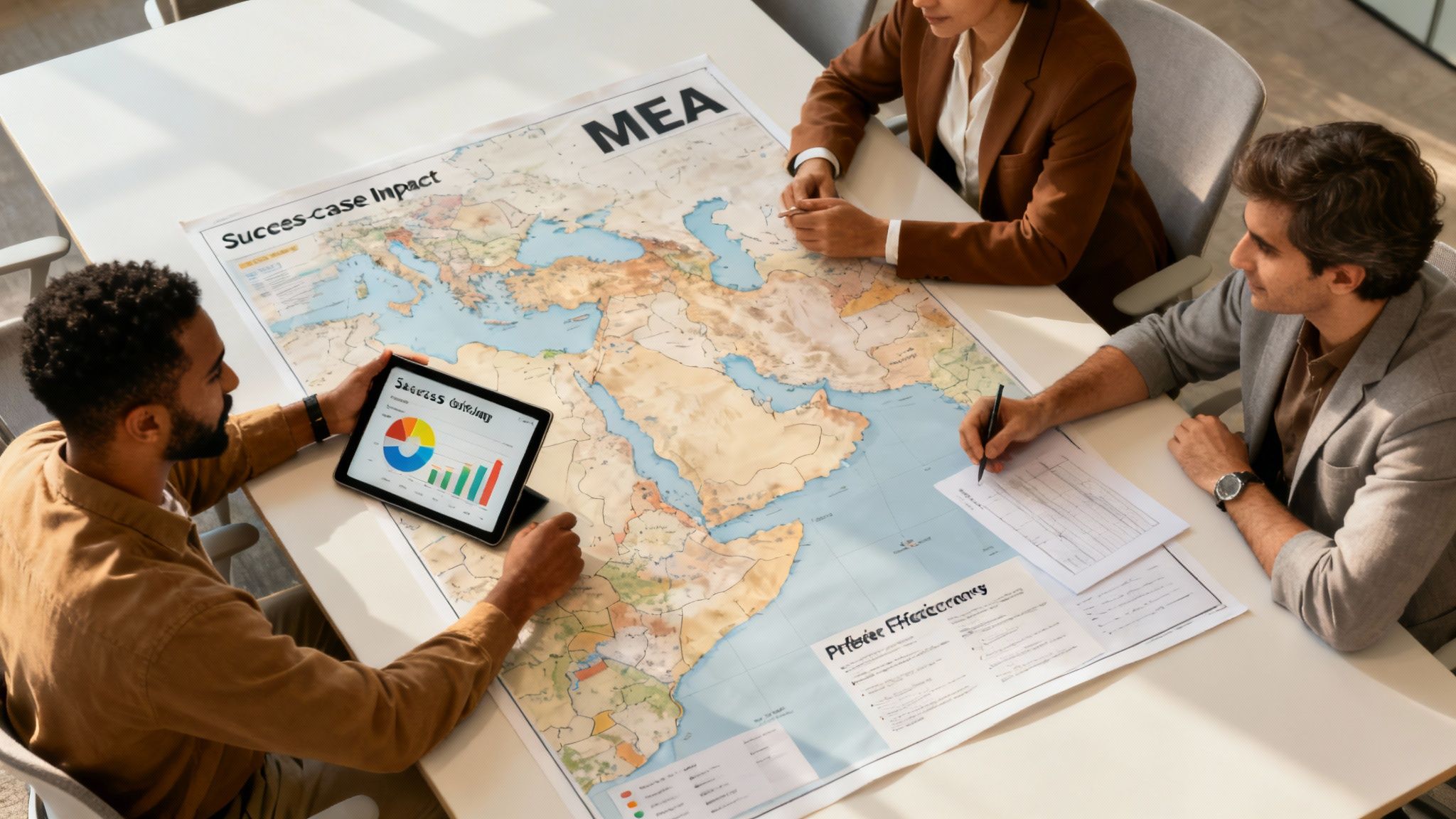 Three professionals discussing business strategy around a large MEA map and a tablet with charts.