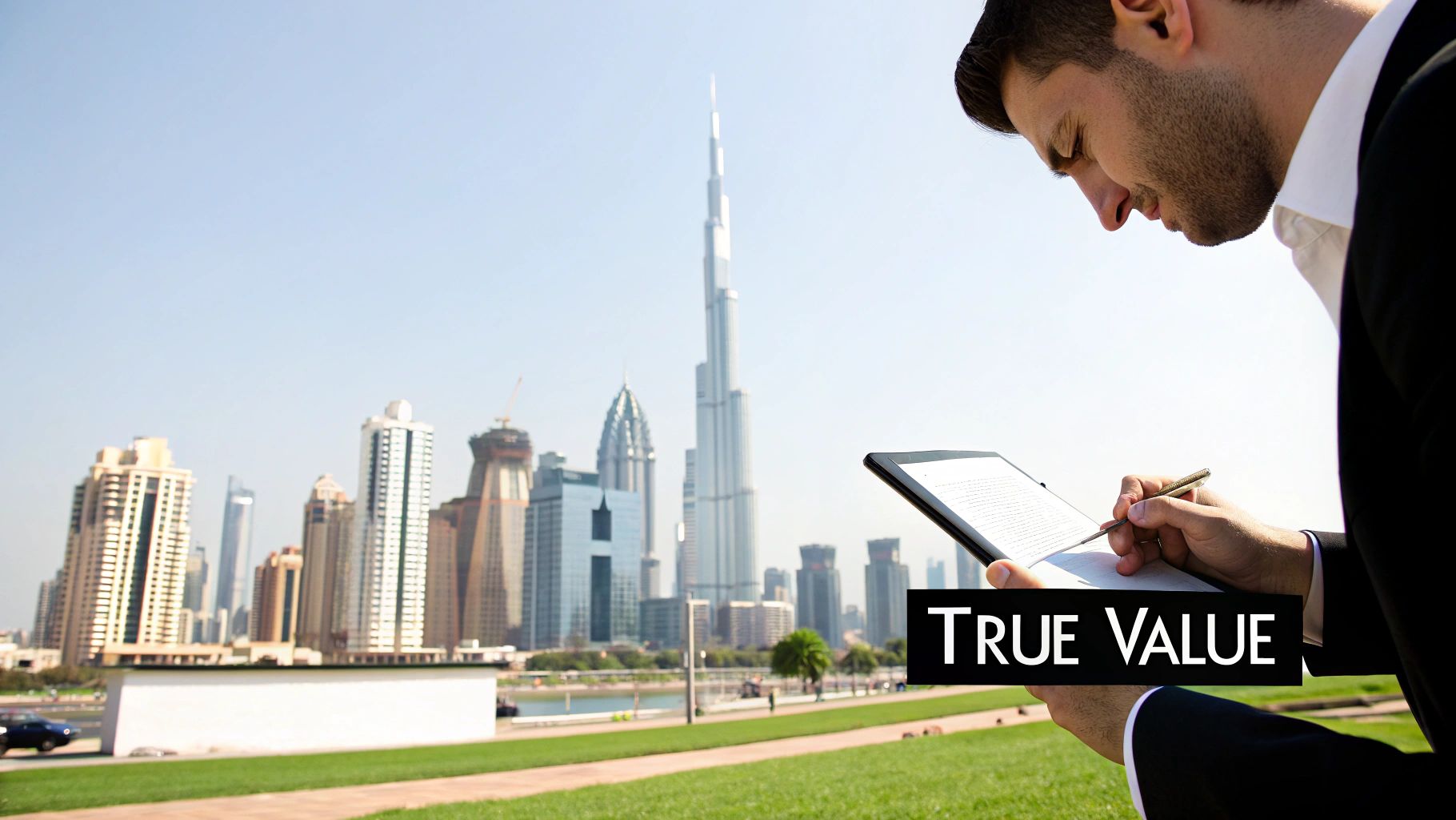 A modern building with a unique architectural design stands under a clear blue sky, reflecting on the water below.