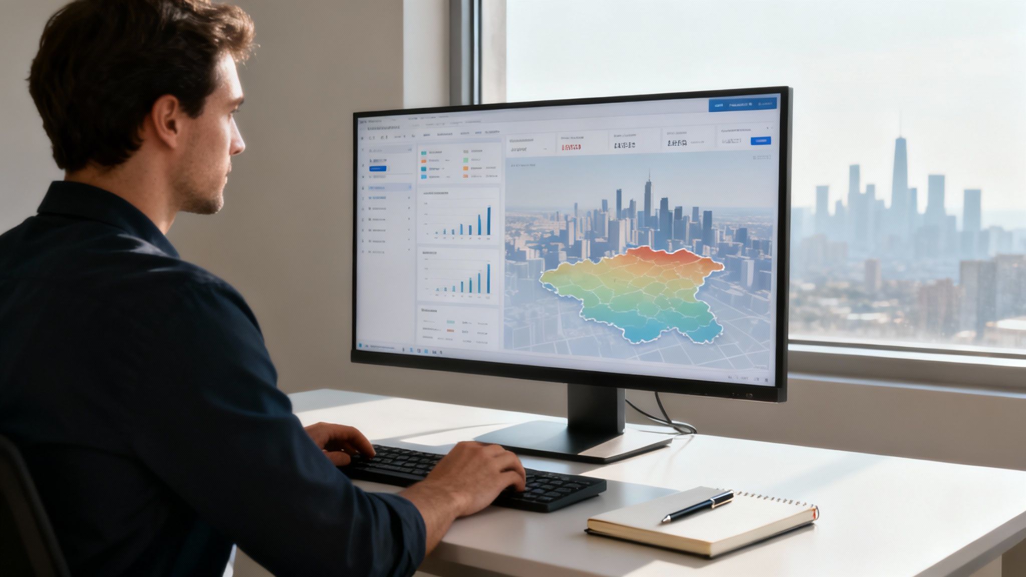 Business professional analyzing real estate market data and geographical heat map on computer monitor