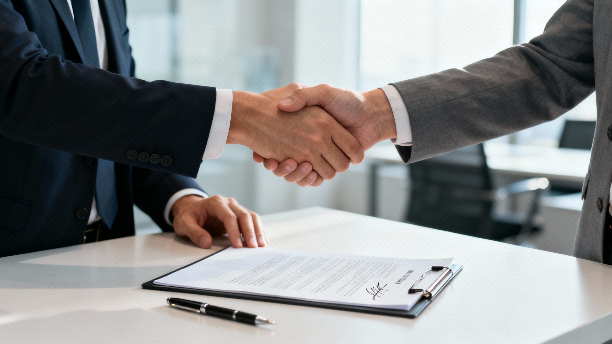 Two businessmen in suits shake hands over a signed contract, symbolizing a successful deal.