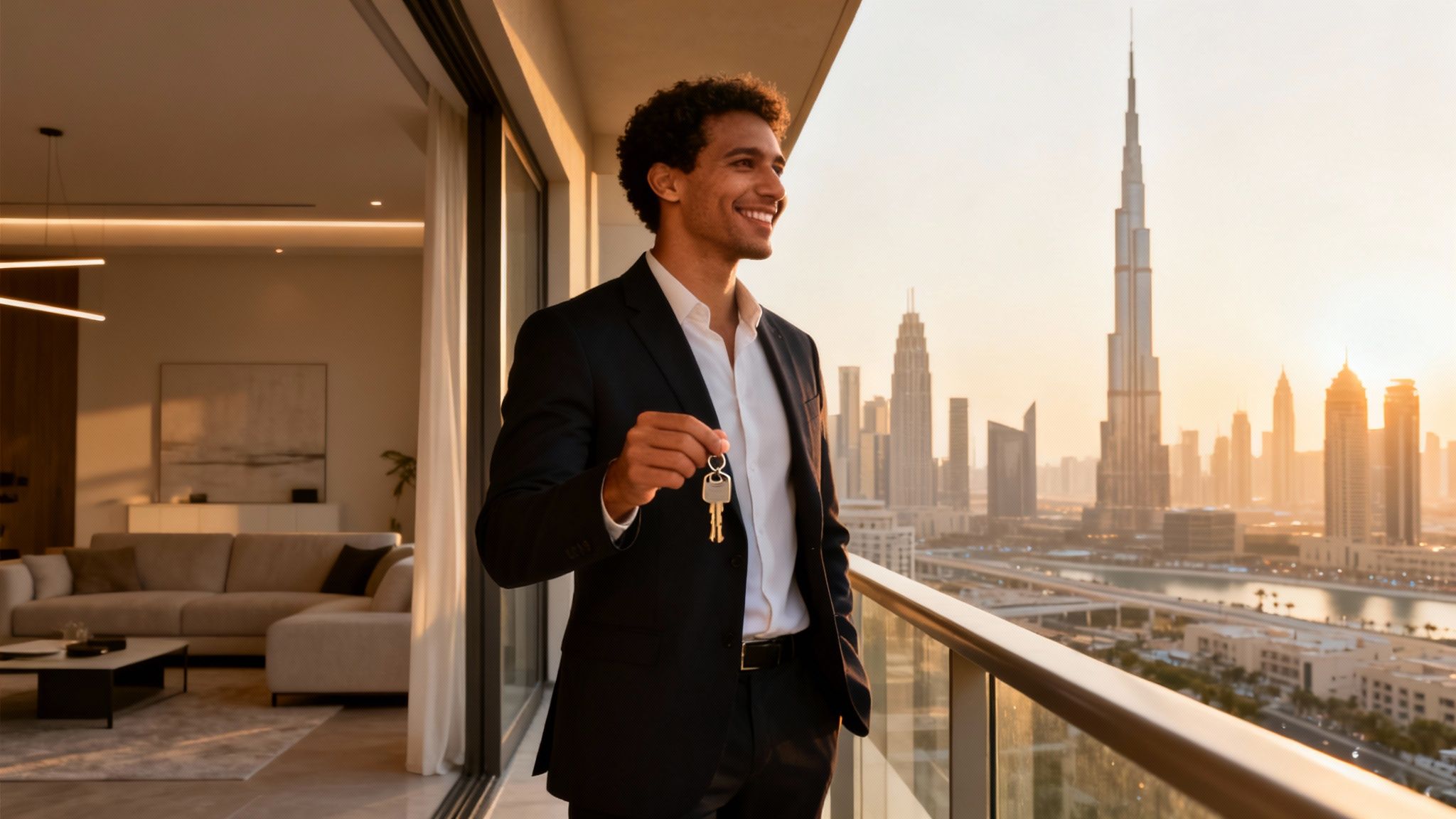Happy man holding new apartment keys on a balcony overlooking Dubai's skyline at sunset.