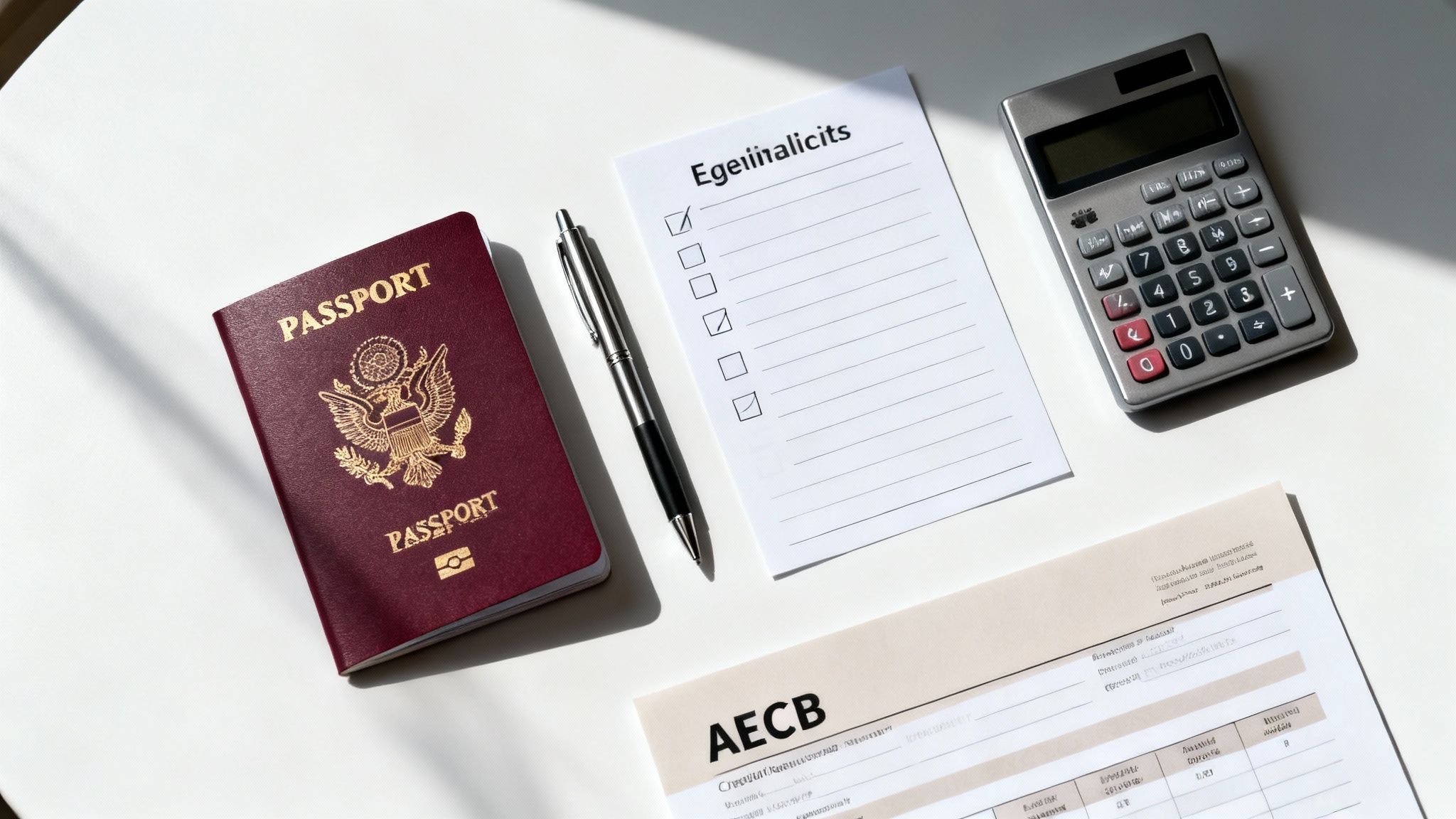 A passport, calculator, pen, checklist, and various documents laid out on a clean white desk.