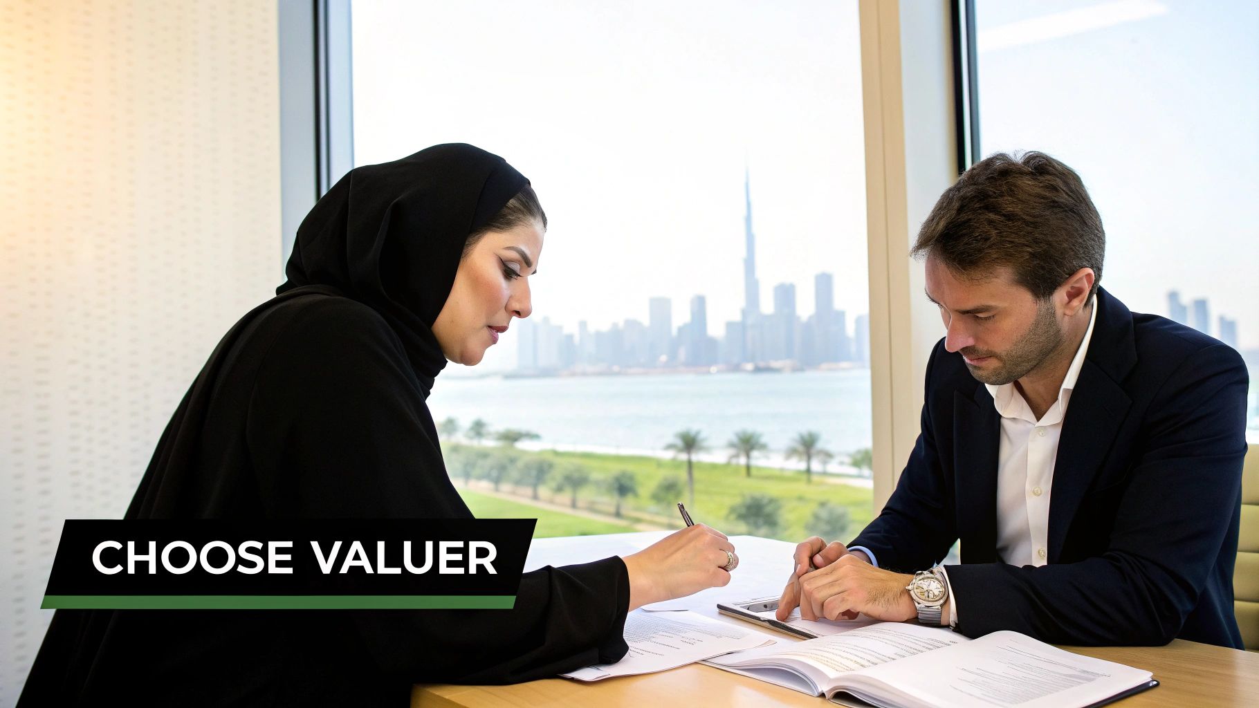 A professional meeting where a client is reviewing a real estate valuation report with an expert valuer, signifying trust and competence.