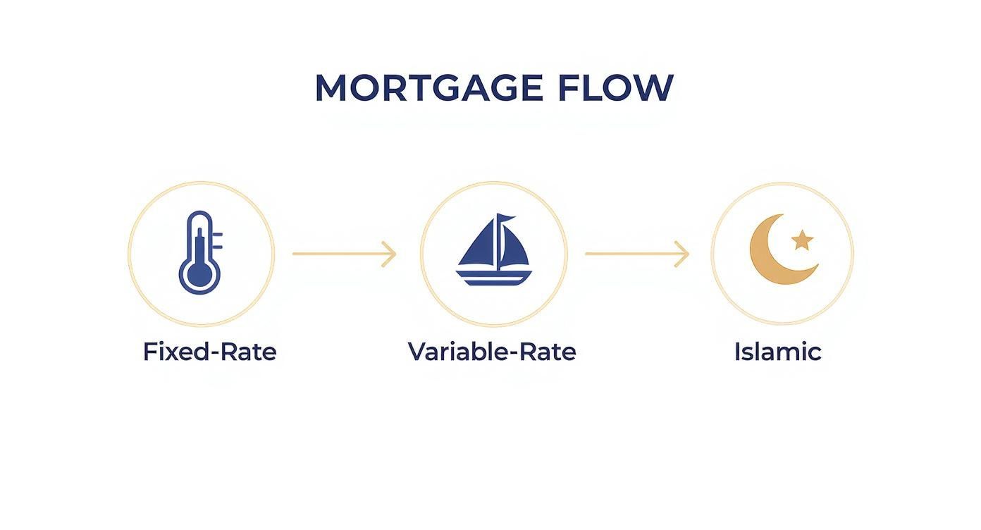 A mortgage flow diagram showing Fixed-Rate, Variable-Rate, and Islamic mortgage options with icons.