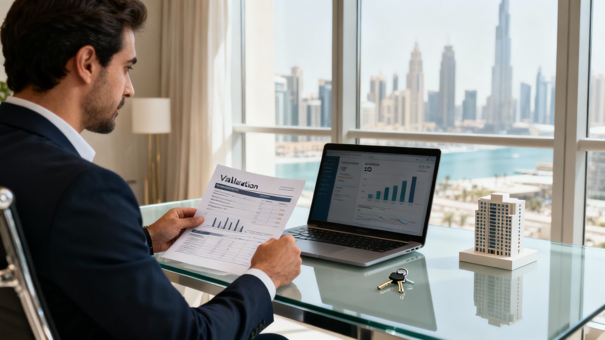 Man in suit reviewing property valuation document with laptop, keys, and building model, overlooking Dubai skyline.