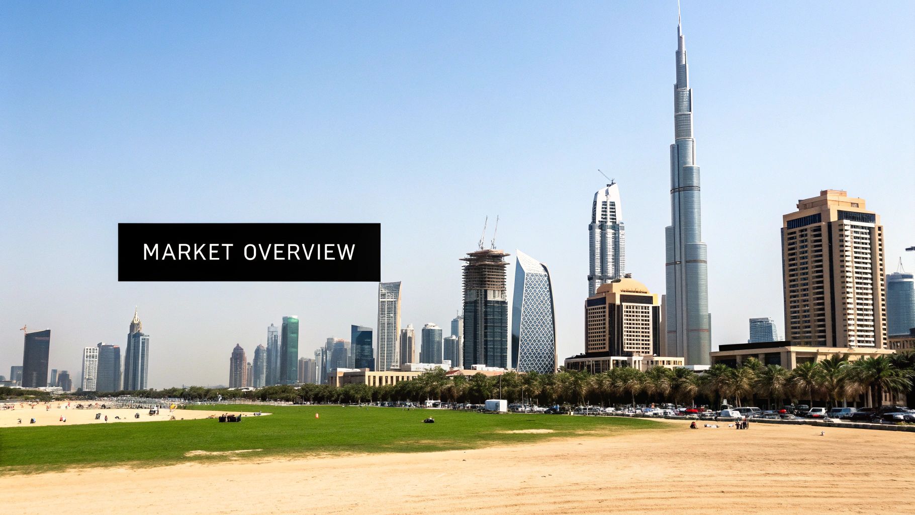 Skyline view of Dubai's commercial district with modern skyscrapers