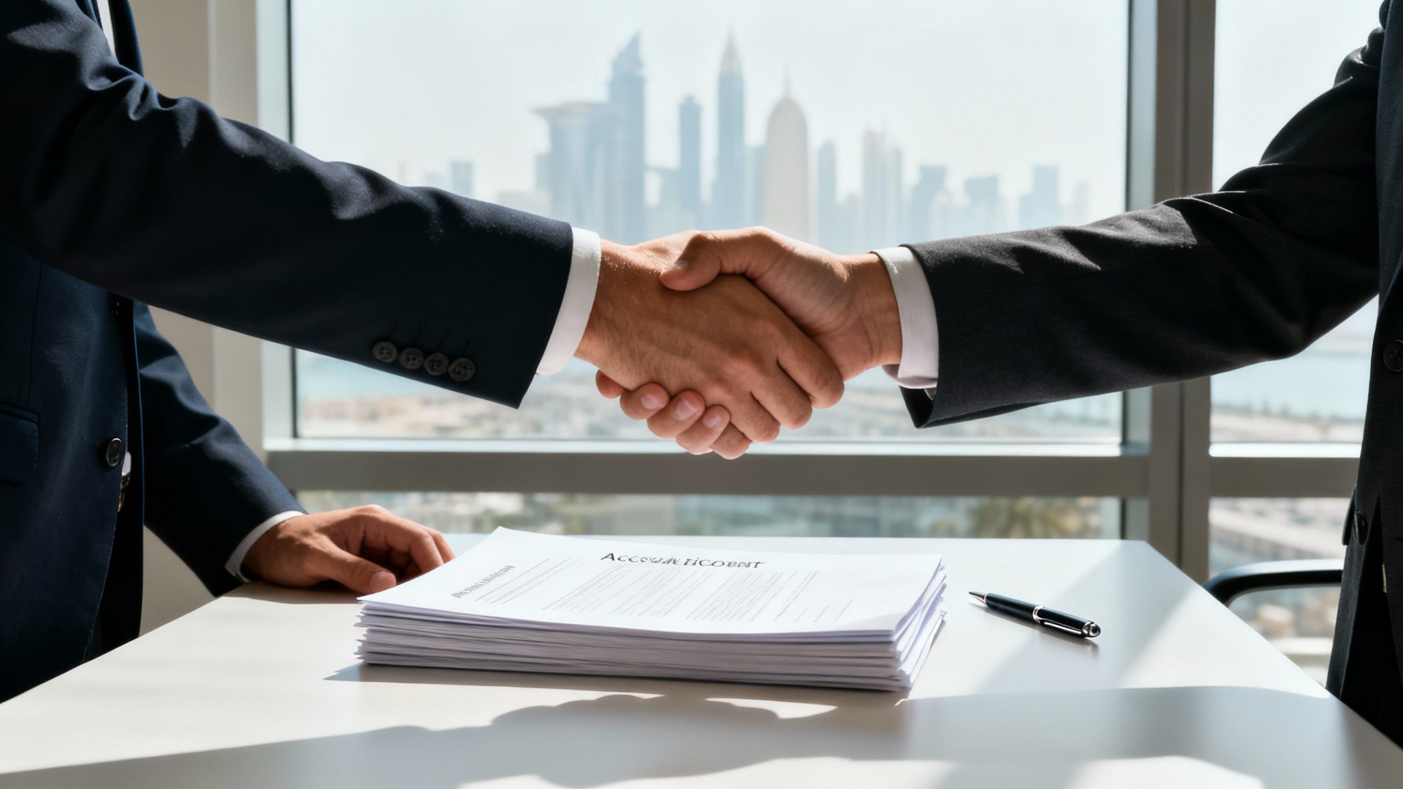 Two businessmen shake hands over contract documents, symbolizing a successful partnership in a modern office.