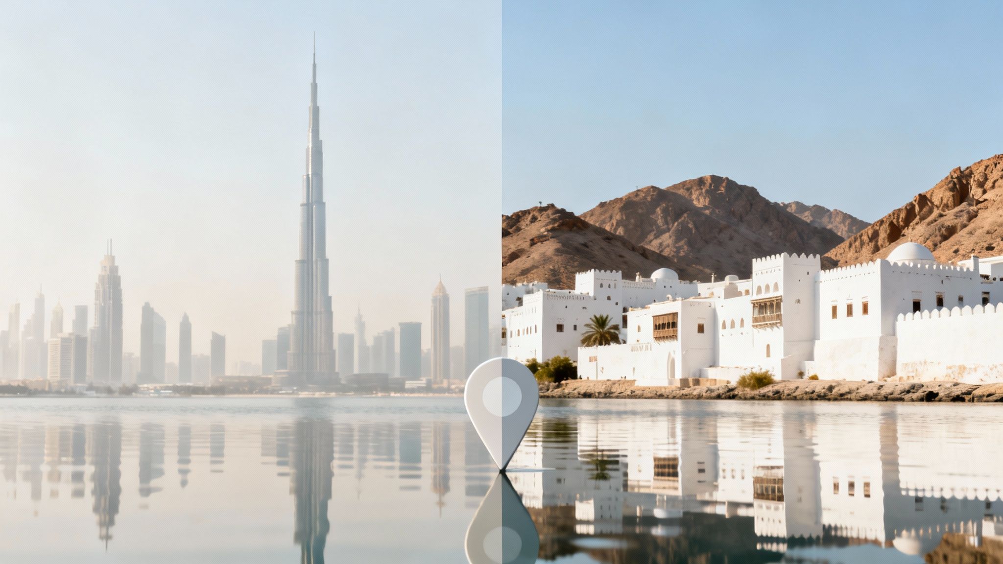 Split image shows modern Dubai skyline and a traditional Middle Eastern coastal town, reflected in water.