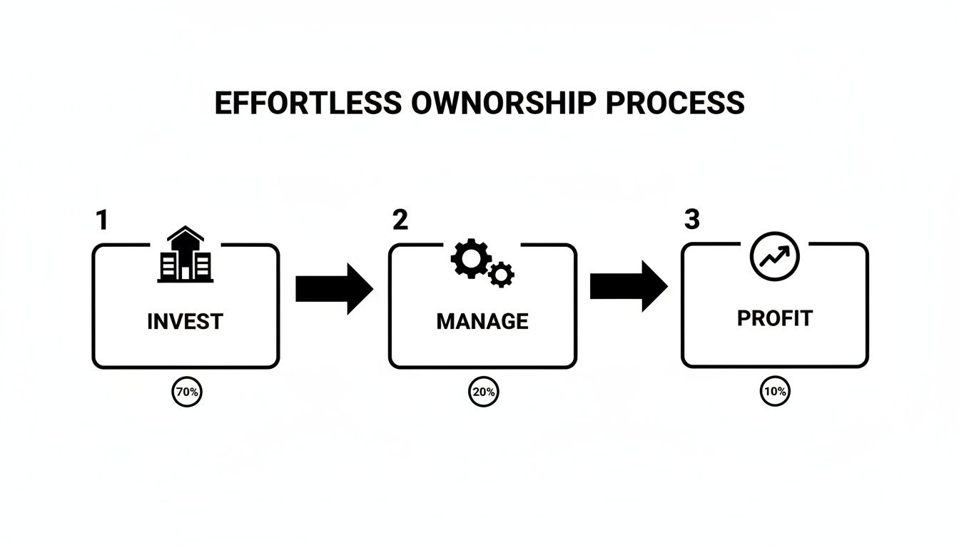 Flowchart showing an effortless ownership process with steps: Invest (70%), Manage (20%), Profit (10%).