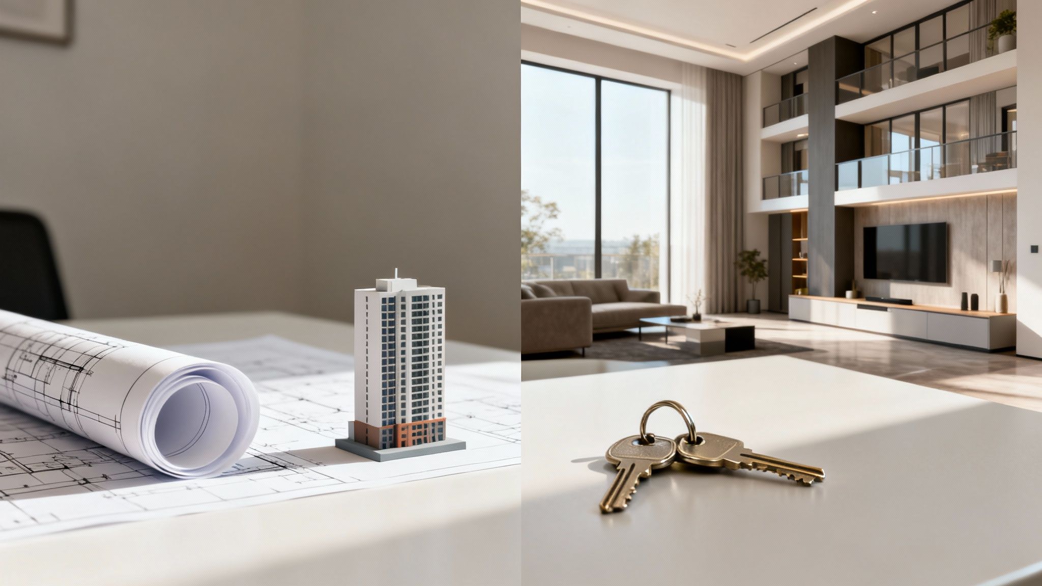 Architectural blueprints, a building model, and house keys in a modern luxury apartment.