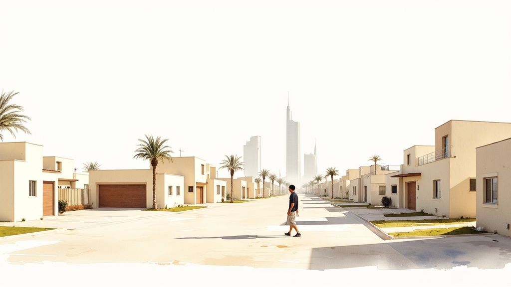 Modern residential neighborhood with beige villas, palm trees, and pedestrian walking along wide street