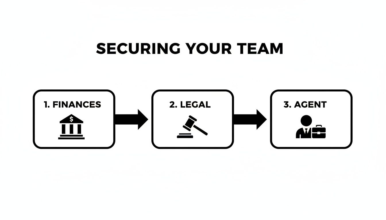 Flowchart 'Securing Your Team' illustrating three steps: Finances, Legal, and Agent, each with a corresponding icon.