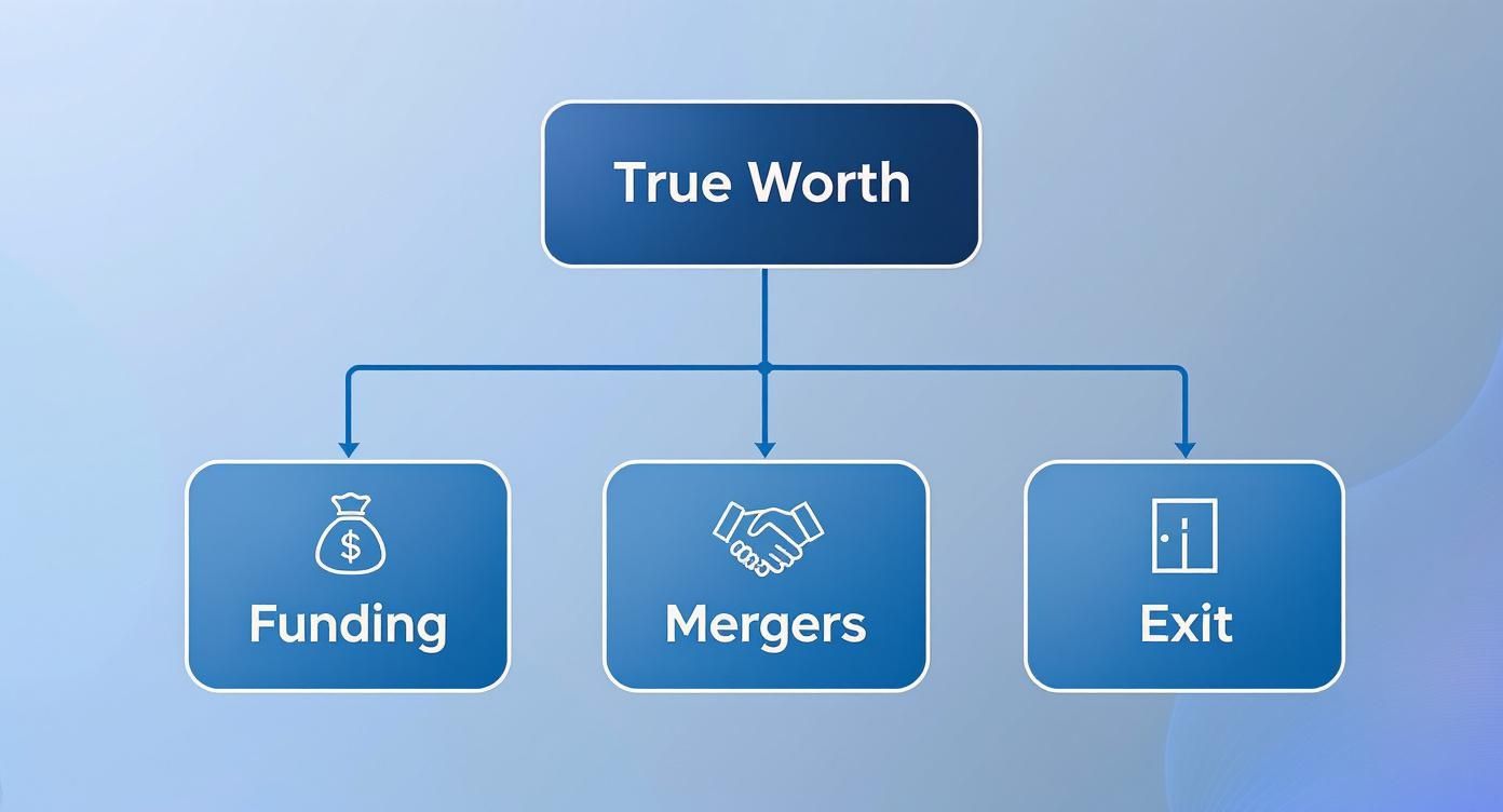 Diagram illustrating true worth through funding, mergers, and exit strategies in business valuation.