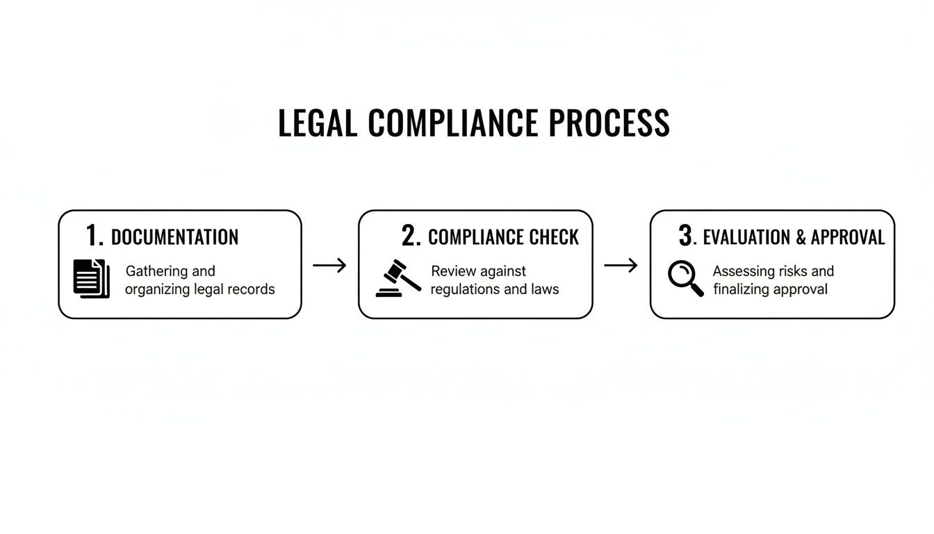 A clear flowchart illustrating the three steps of the legal compliance process, from documentation to approval.