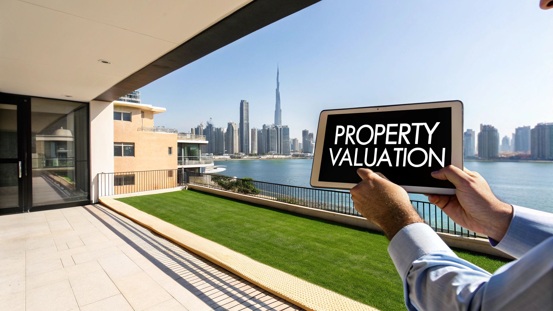 A modern Dubai skyscraper with an overlay of financial graphs and charts, representing the analytical process of real estate valuation.