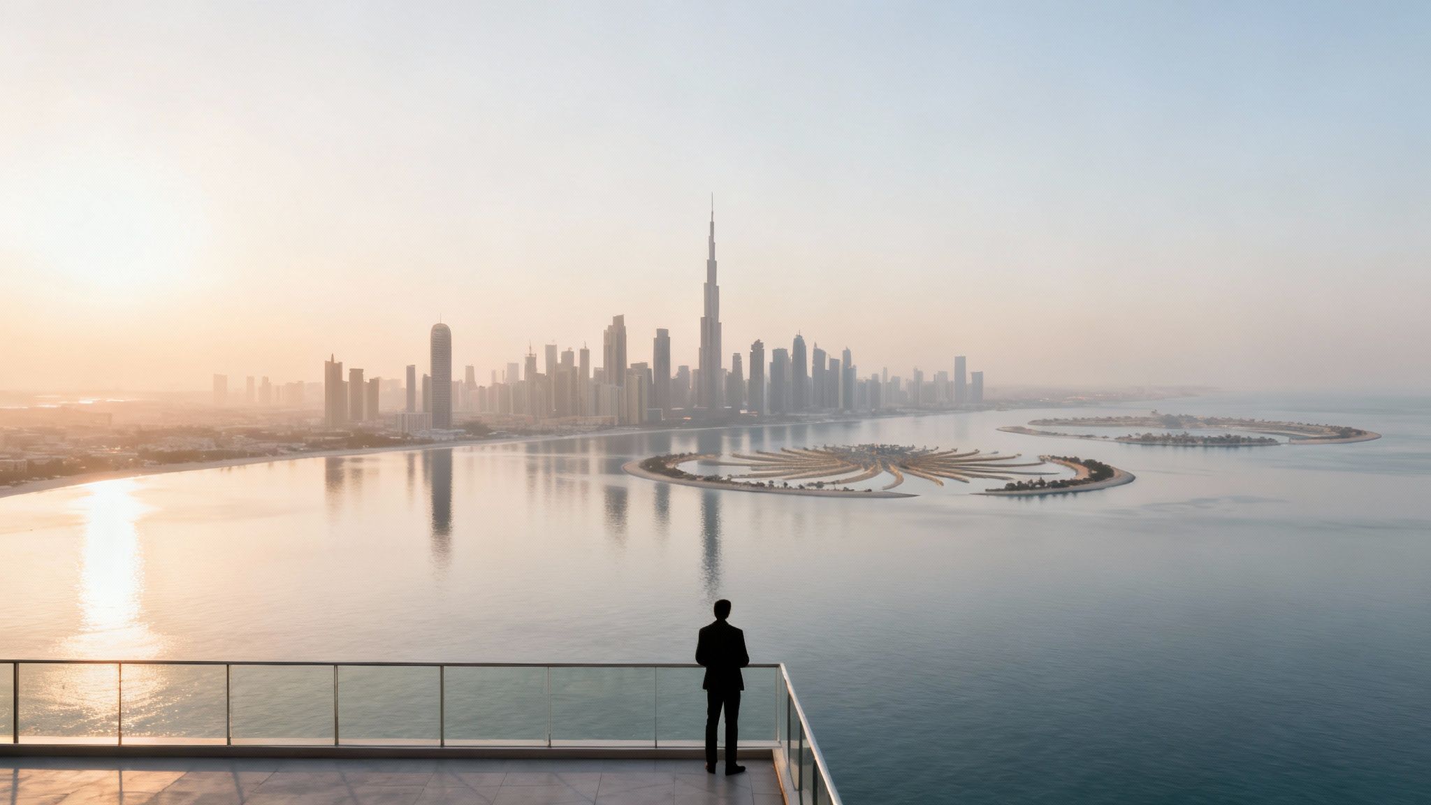 A businessman gazes at Dubai's iconic skyline, including Burj Khalifa and offshore islands, at dusk.