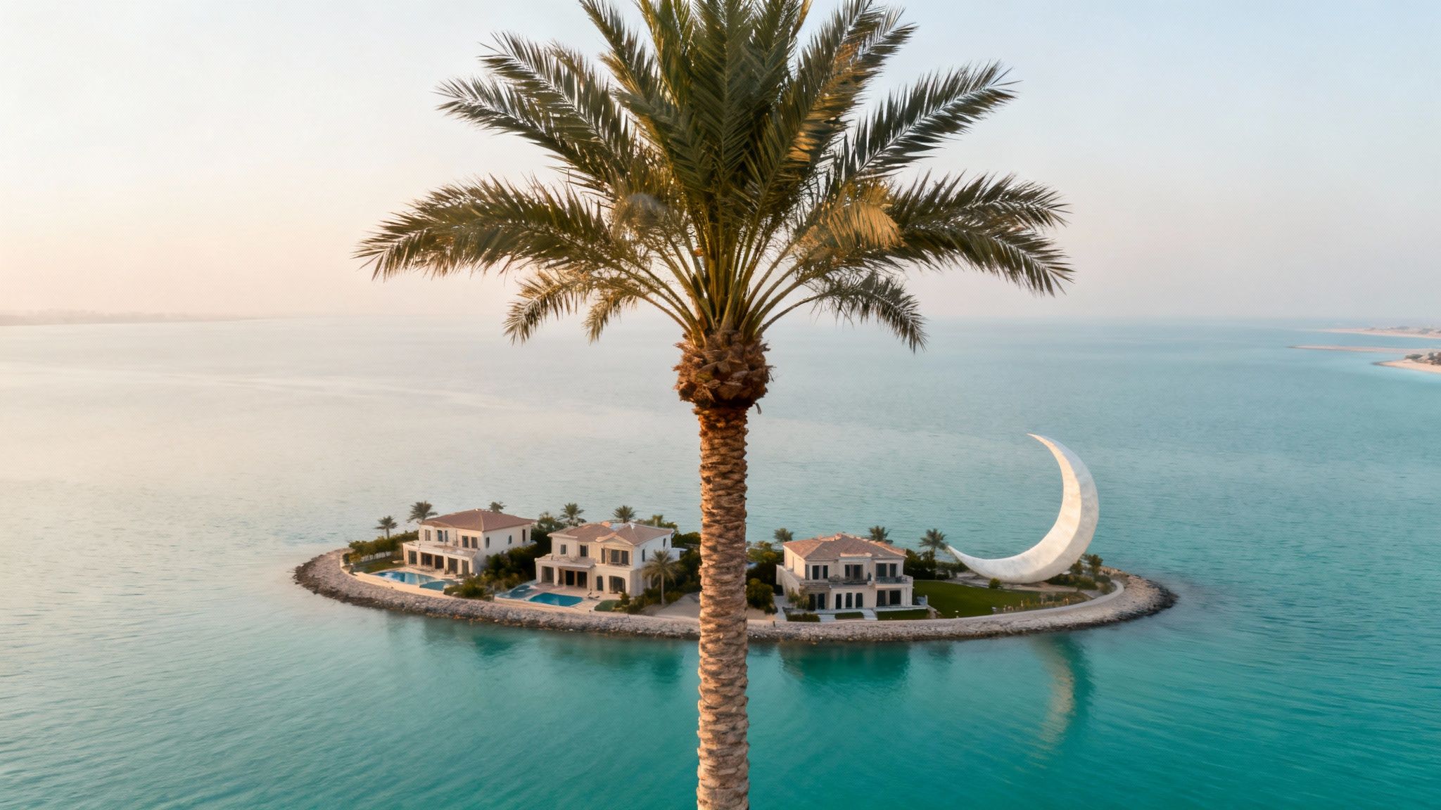 Luxury palm tree framing private island villas with crescent moon sculpture on Palm Jumeirah Dubai