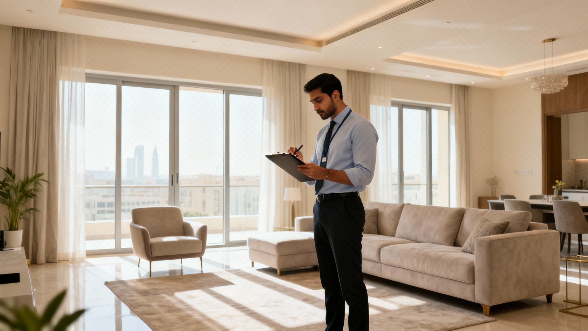 A professional man with a clipboard inspects a bright, modern living room with large windows and city view.