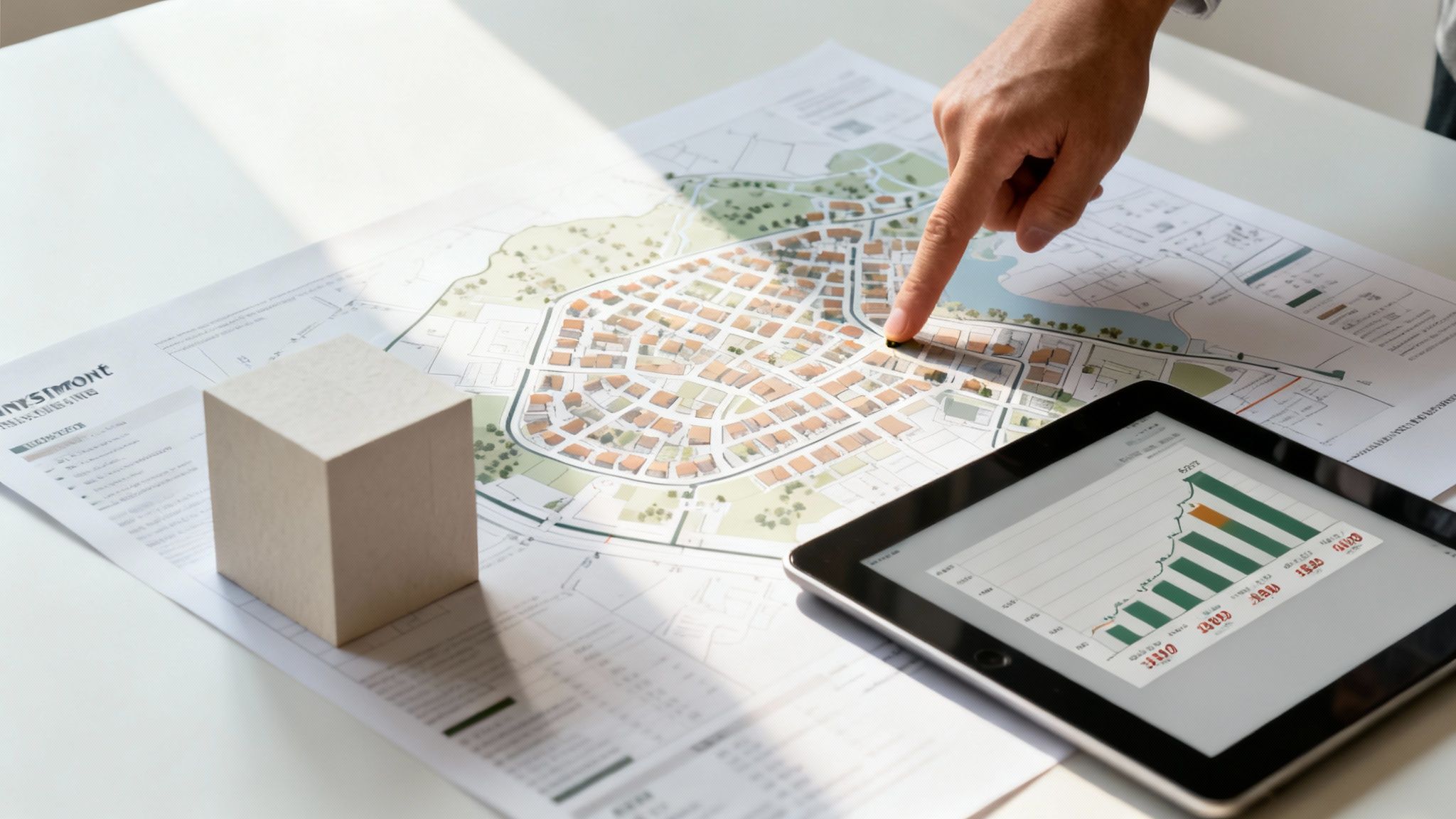 A hand points at a detailed city plan layout on a table with a tablet showing a financial graph.