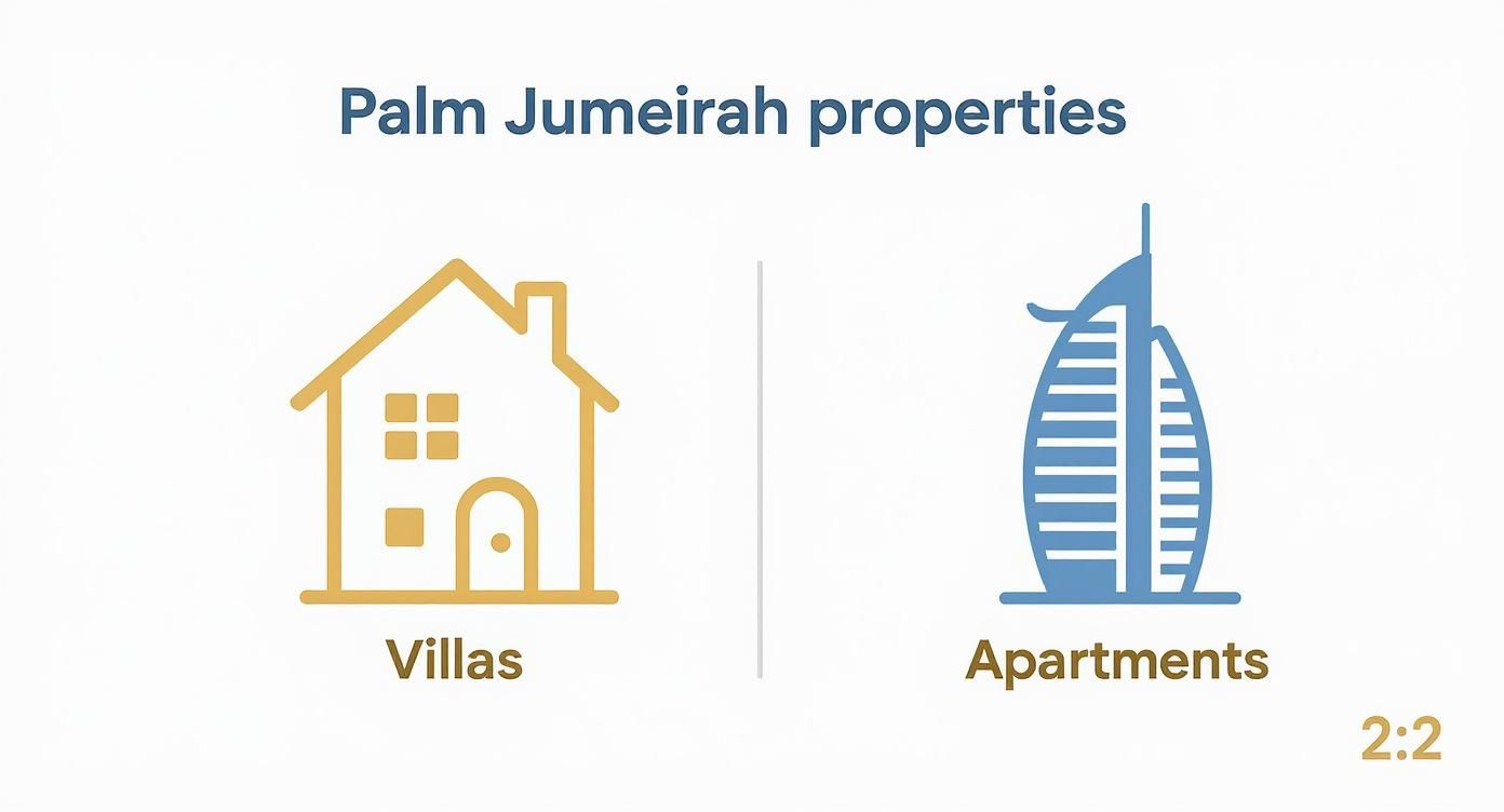 Palm Jumeirah properties comparison showing villas and apartments ratio of two to two