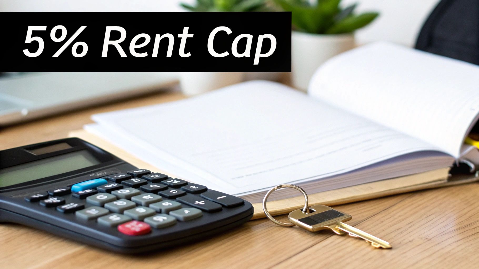 Calculator and house keys on a document, illustrating rent calculation.