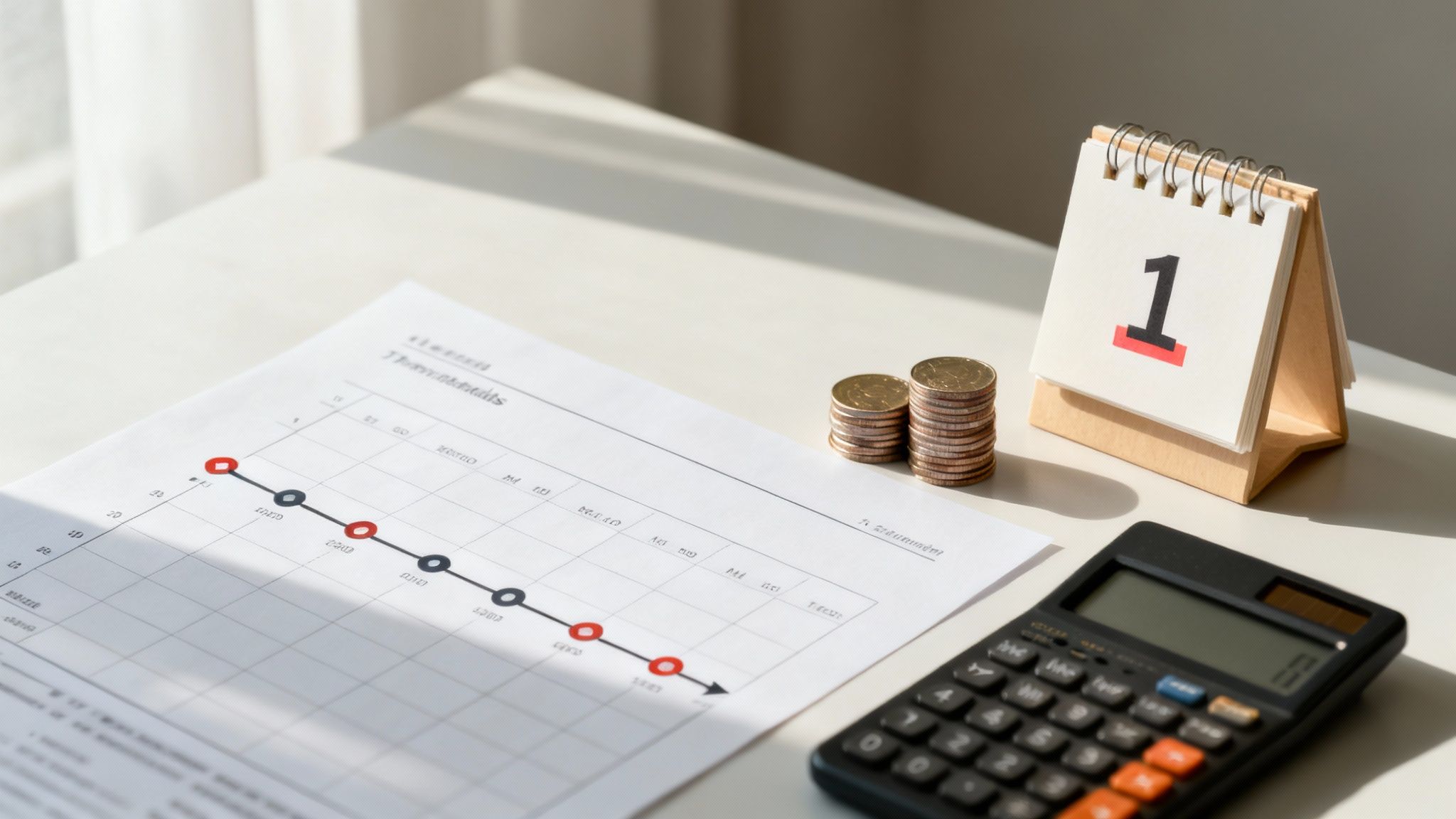 Financial planning desk with a decreasing trend graph, stacked coins, a calendar showing '1', and a calculator.