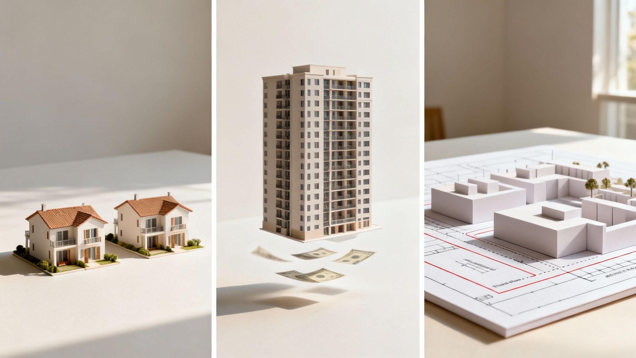 Three panels displaying various real estate models: two houses, a high-rise building with money, and an architectural complex blueprint.