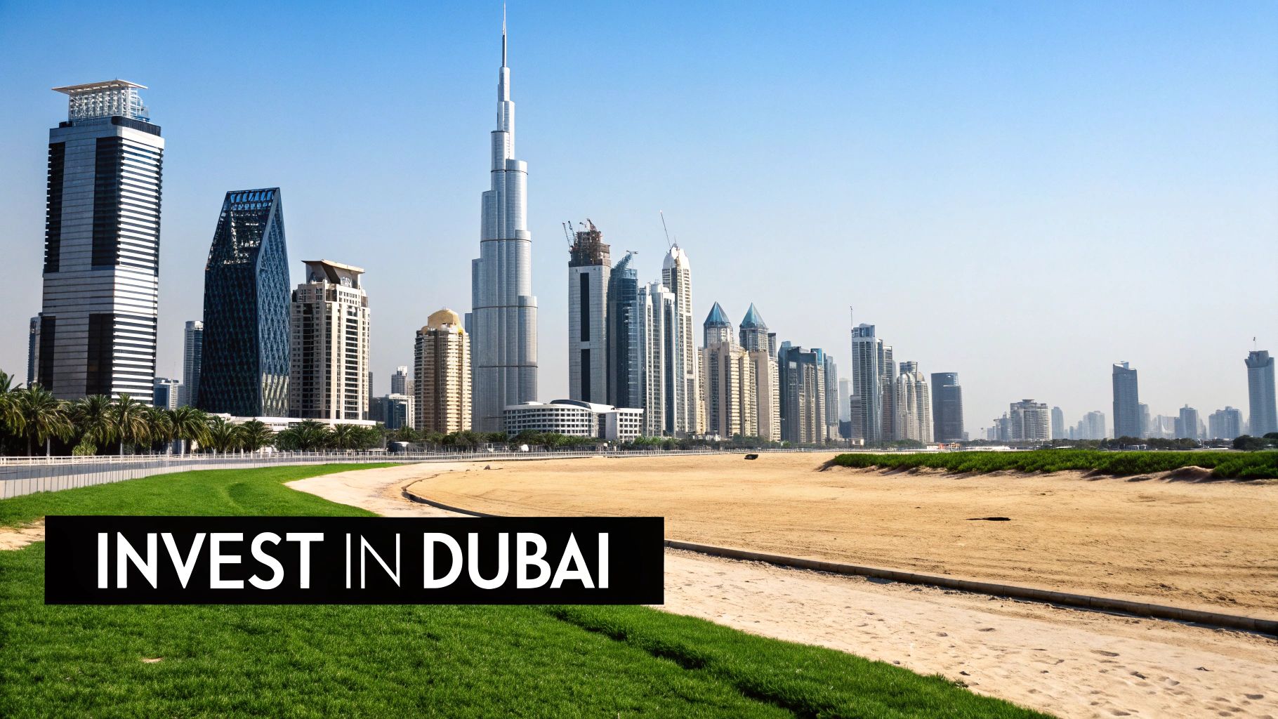 A modern skyline of Dubai's commercial district with impressive skyscrapers.
