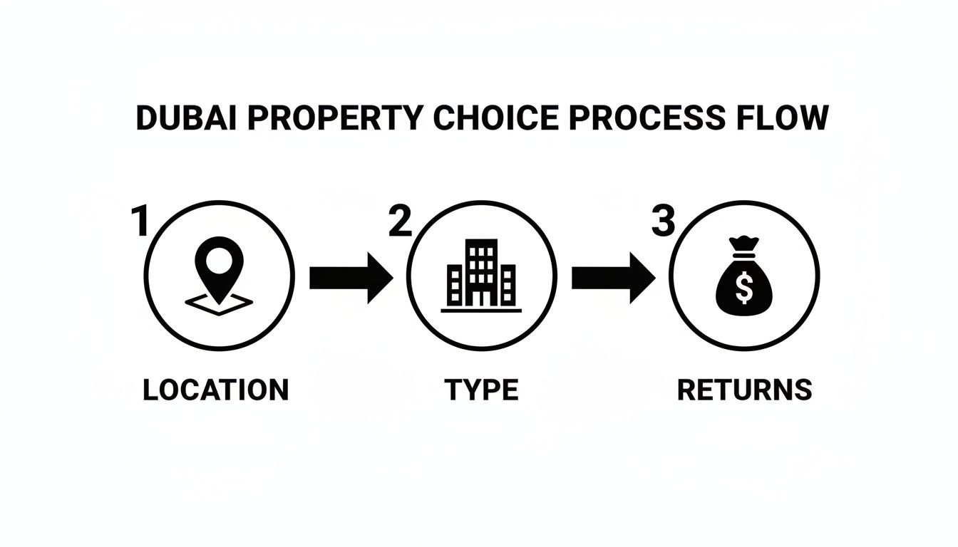 Flowchart showing Dubai property choice process with three steps: Location, Type, and Returns.