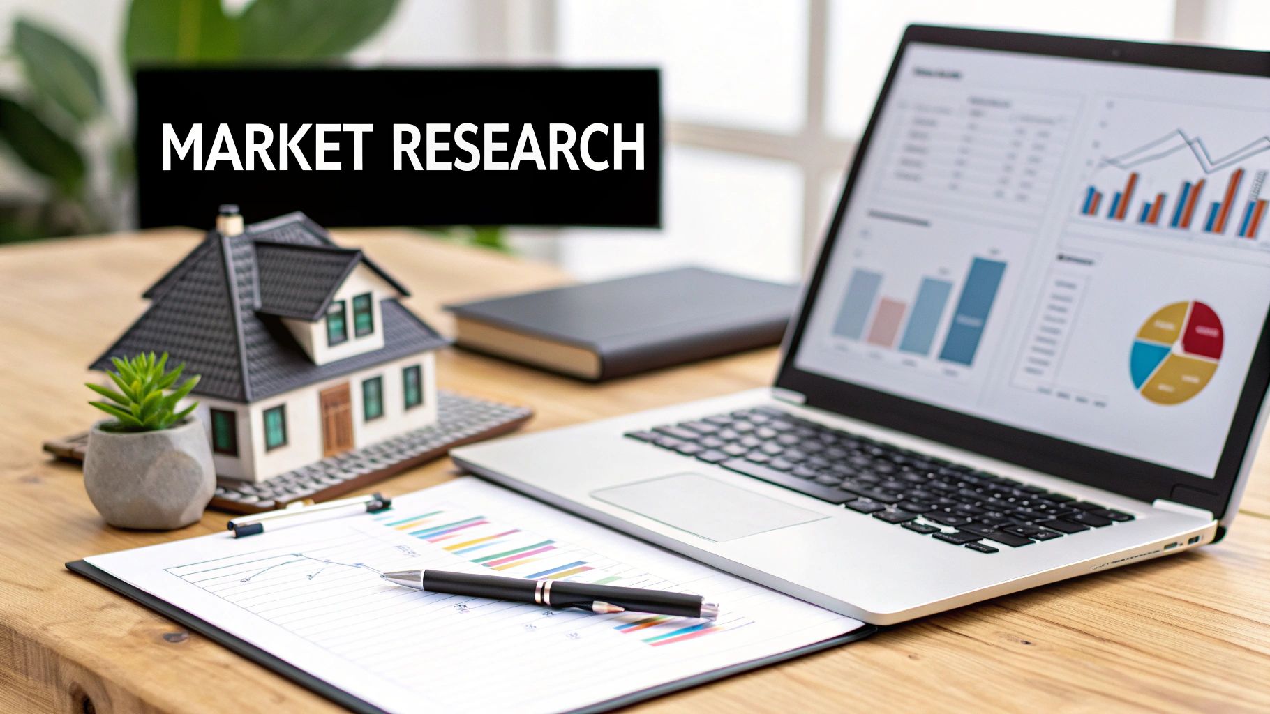 A diverse team of real estate professionals collaborating around a large table with blueprints and a laptop.