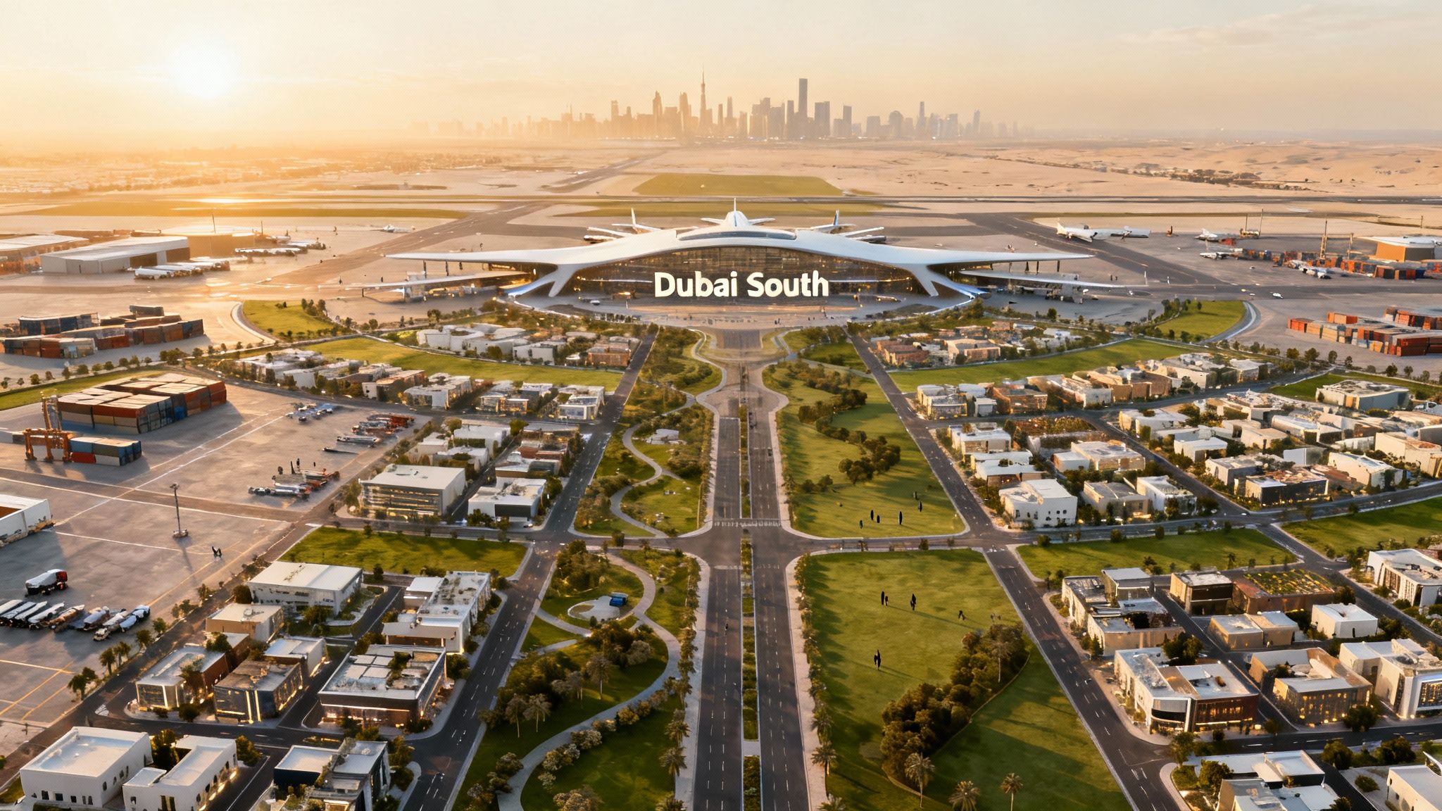 Panoramic aerial view of Dubai South airport and city at sunset, with modern buildings and lush green areas.