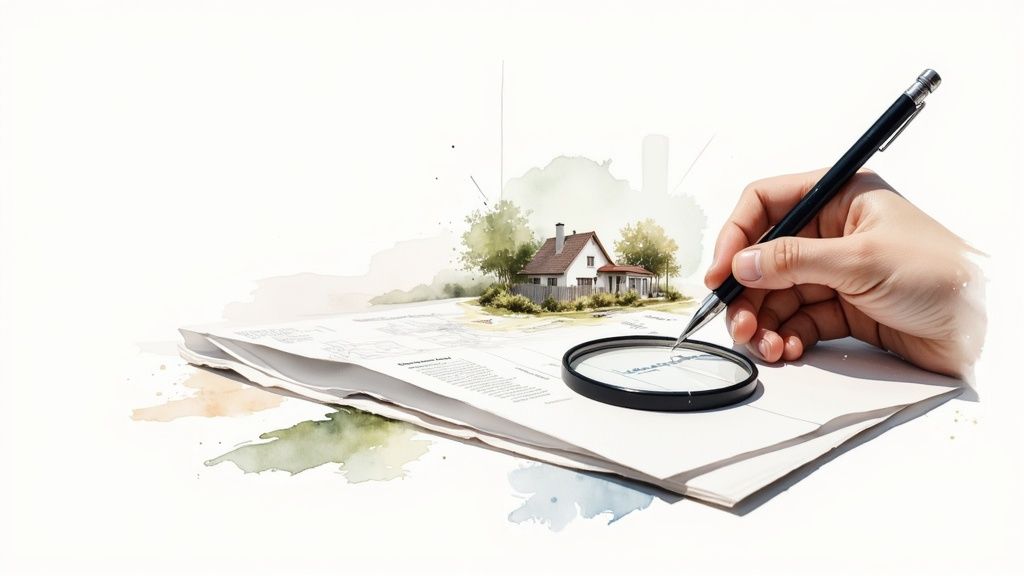 Hand holding magnifying glass over property documents with watercolor house illustration for real estate inspection
