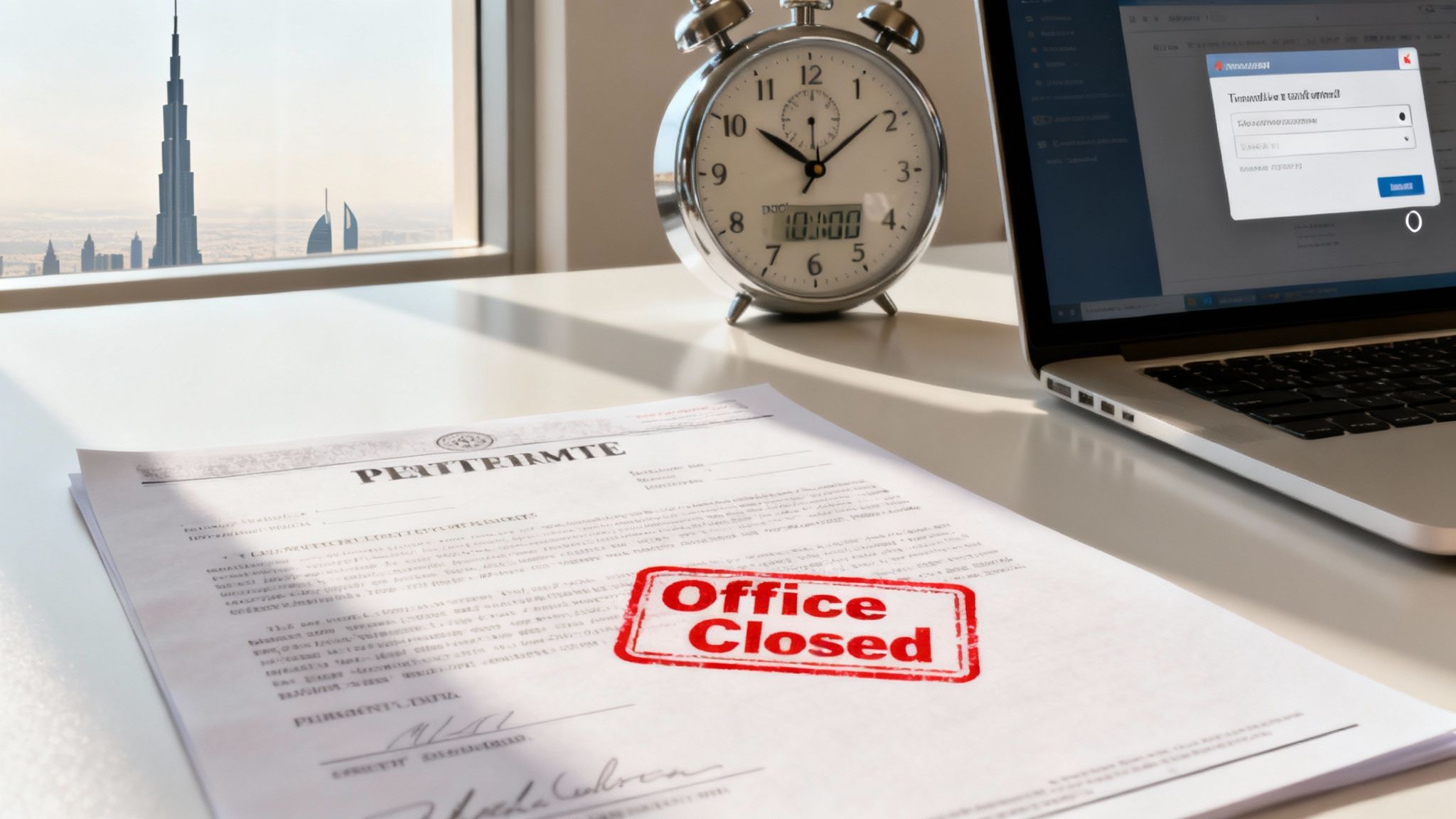 An office desk with a document stamped 'Office Closed', a laptop, and an alarm clock, with a view of the Burj Khalifa.