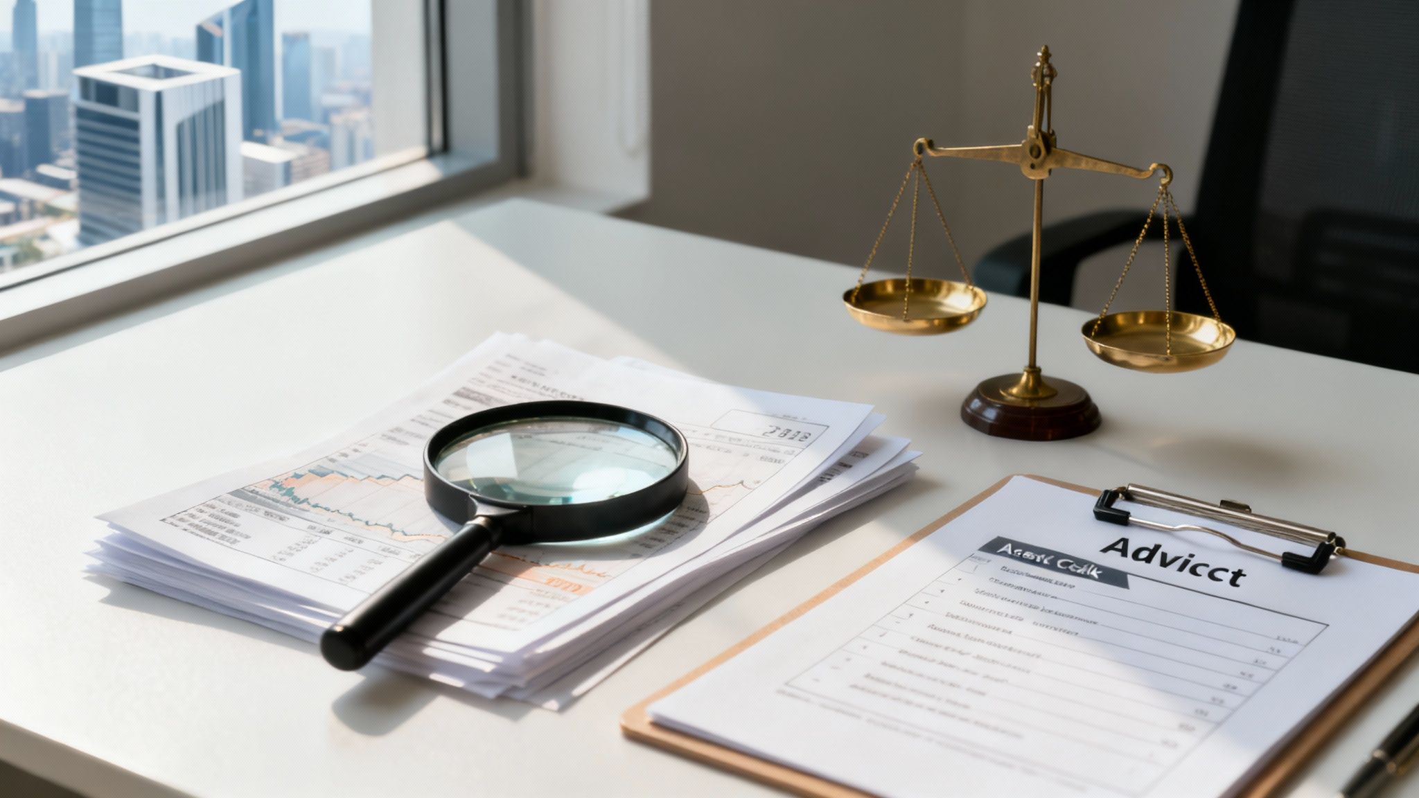 Desk with a magnifying glass on business reports, scales of justice, and a clipboard, in a modern office.