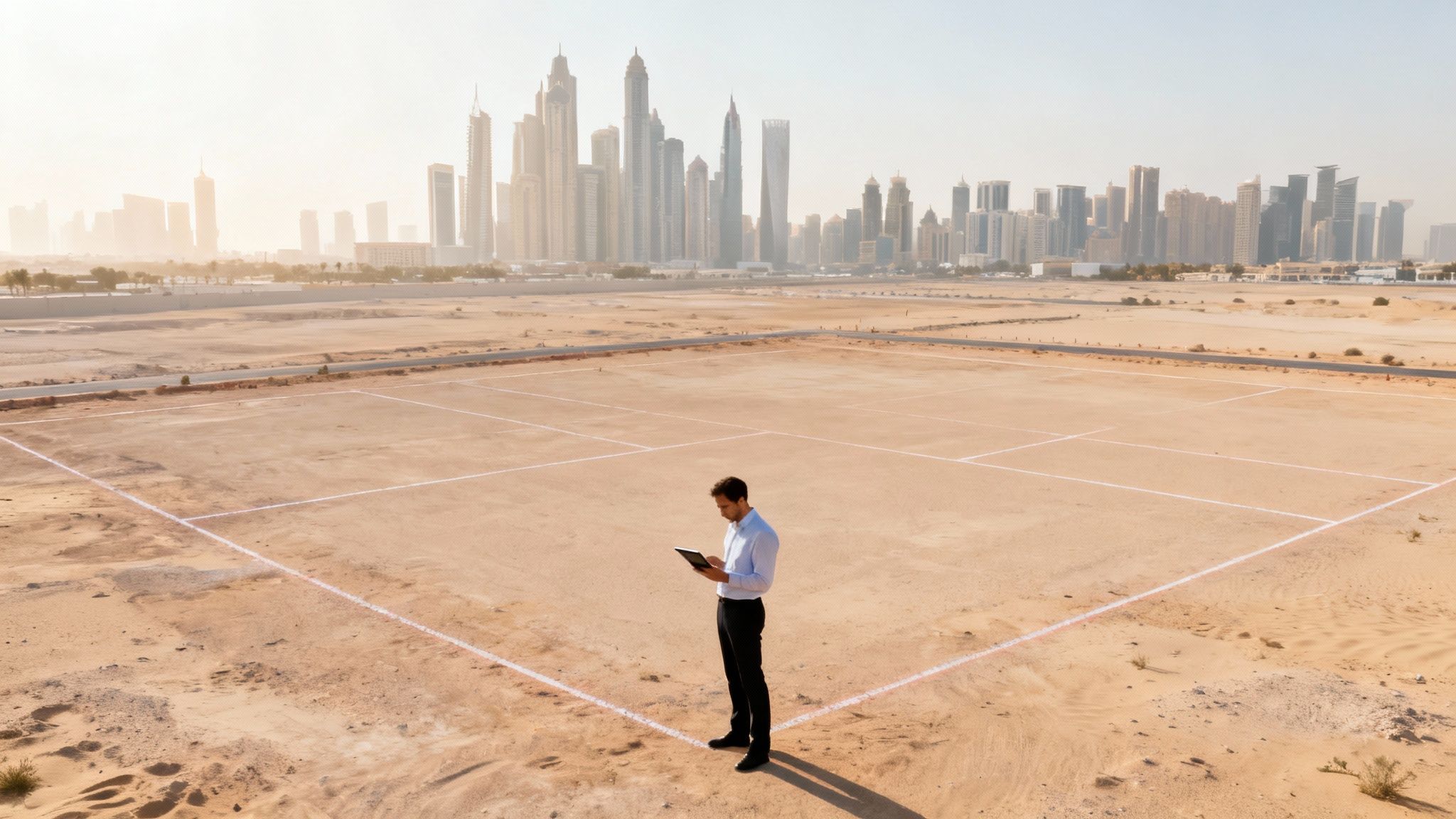 A man uses a tablet on marked desert land with a modern city skyline in the background.