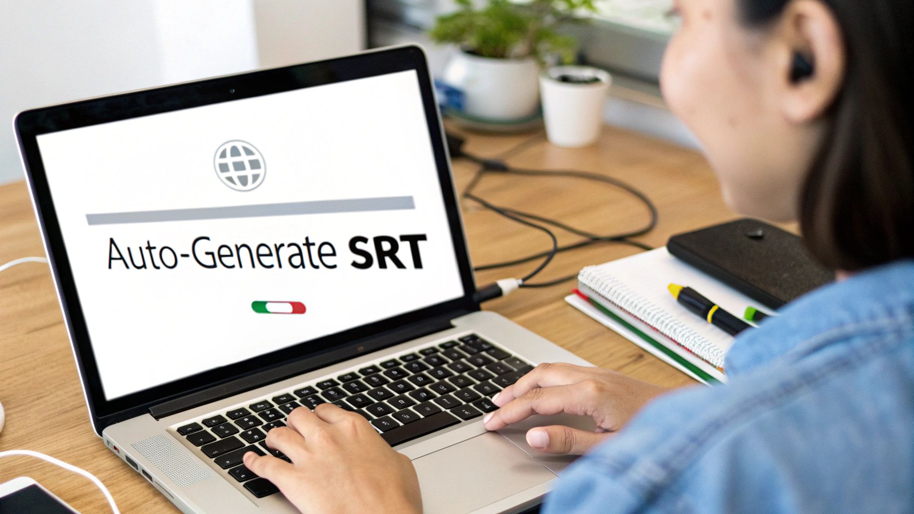 A person types on a laptop screen displaying "Auto-Generate SRT" text with a globe icon.