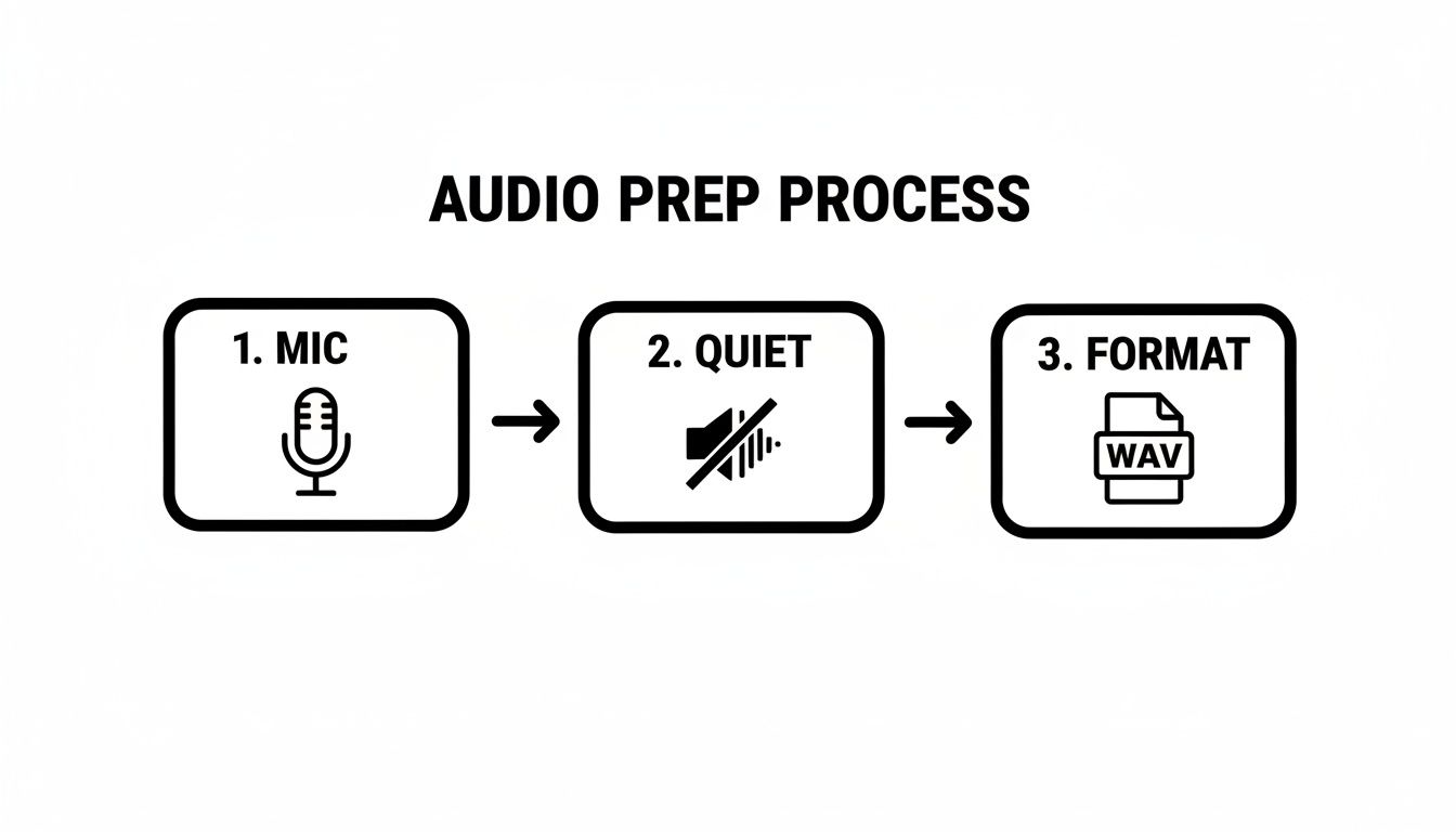 A flowchart showing a 3-step audio prep process: mic, quiet, and WAV format.