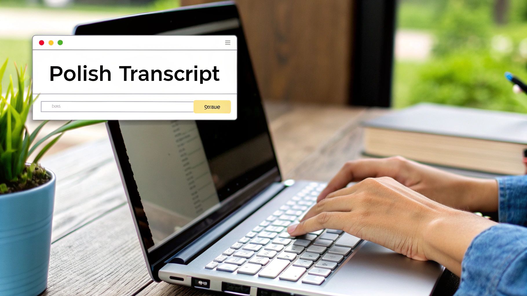 Hands typing on a laptop with a 'Polish Transcript' window open, showing text and a search bar.