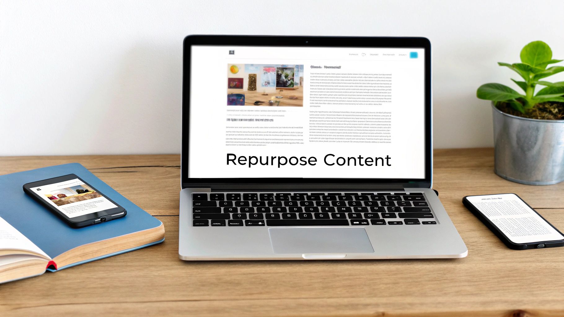 A modern desk setup featuring a laptop displaying "Repurpose Content," two smartphones, and a book.