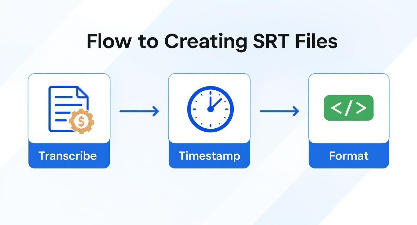 A flowchart showing the three steps to create SRT files: Transcribe, Timestamp, and Format.