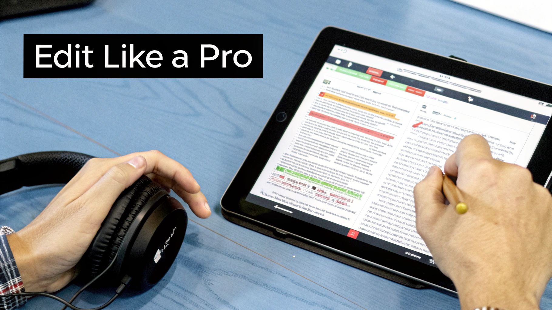Hands editing a document on a tablet with a stylus, while holding headphones, 'Edit Like a Pro' banner.